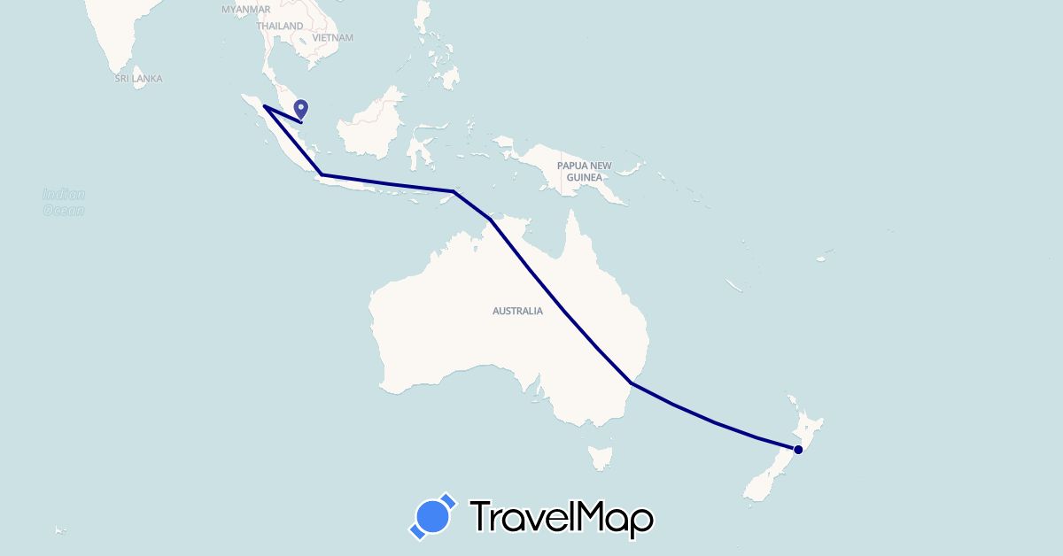 TravelMap itinerary: driving in Australia, Indonesia, New Zealand, Singapore, East Timor (Asia, Oceania)
